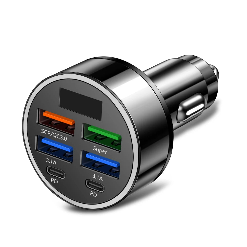 MobiCharge™ - GUSEYEE WGS-G40 – ładowarka samochodowa 100W z wyświetlaczem i 6 portami (4x USB-A + 2x USB-C)