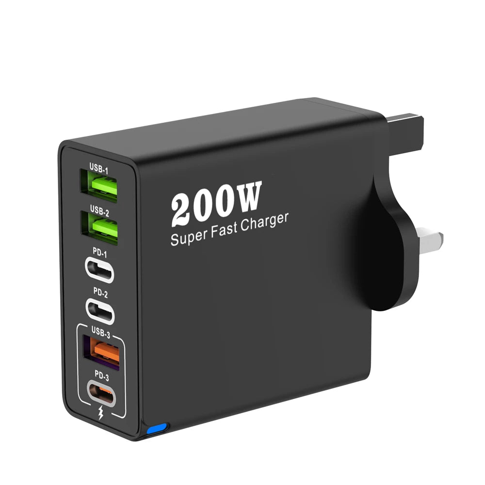 MobiCharge™ - Wieloportowa ładowarka biurkowa GaN 200W – 6 Portów USB/USB-C z obsługą szybkiego ładowania
