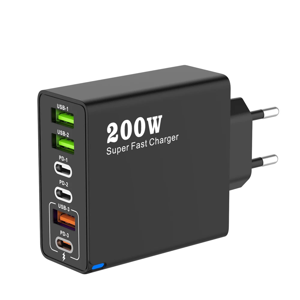 MobiCharge™ - Wieloportowa ładowarka biurkowa GaN 200W – 6 Portów USB/USB-C z obsługą szybkiego ładowania