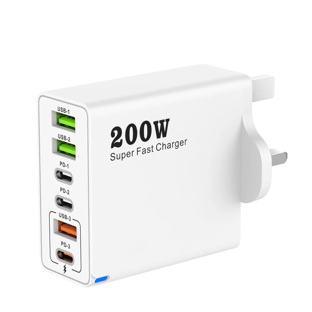 MobiCharge™ - Wieloportowa ładowarka biurkowa GaN 200W – 6 Portów USB/USB-C z obsługą szybkiego ładowania